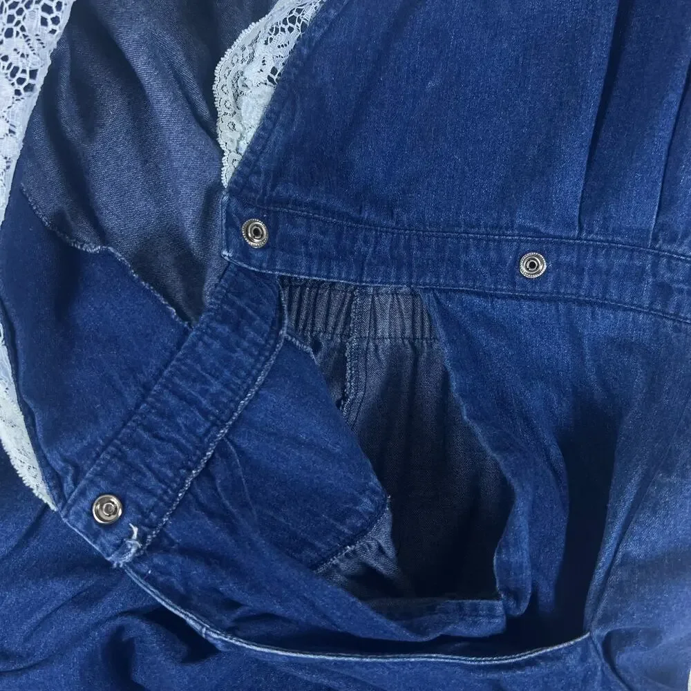 Vintage 80s Denim Prairie Dress Lace Collar M/L Cottagecore Coastal Cowgirl Midi - Picture 7 of 12